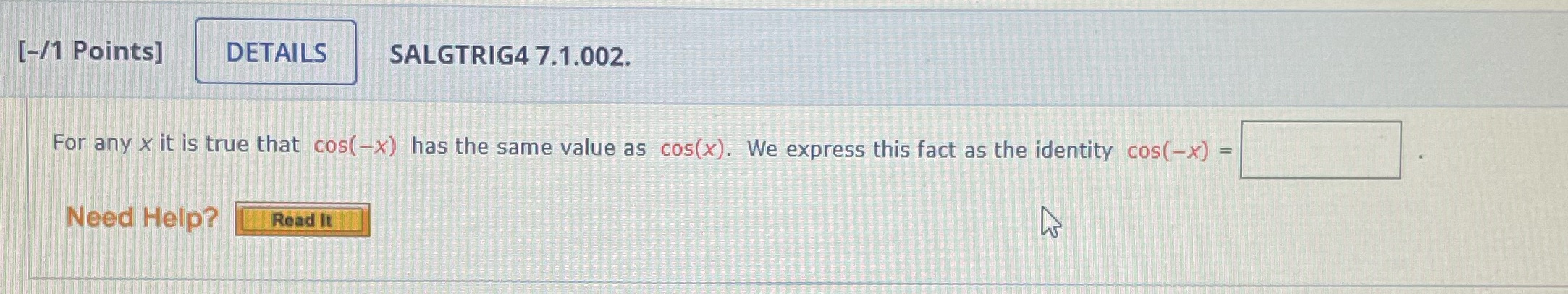 Help solving [-/1 Points] DETAILS SALGTRIG4