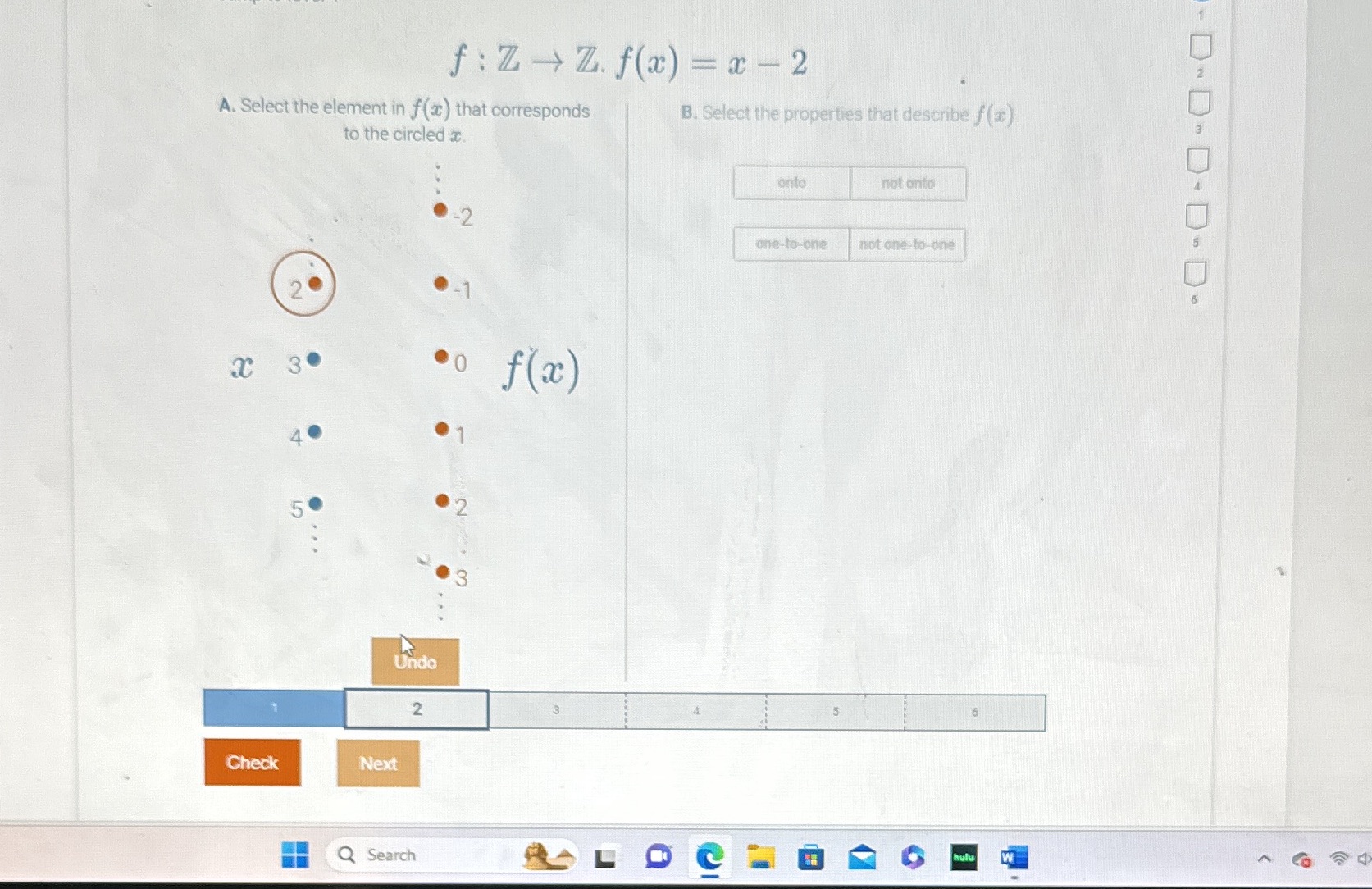 f : Z - Z. f(x) =x-2 A. Select the element in f