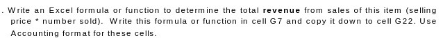 . Write an Excel formula or function to determine