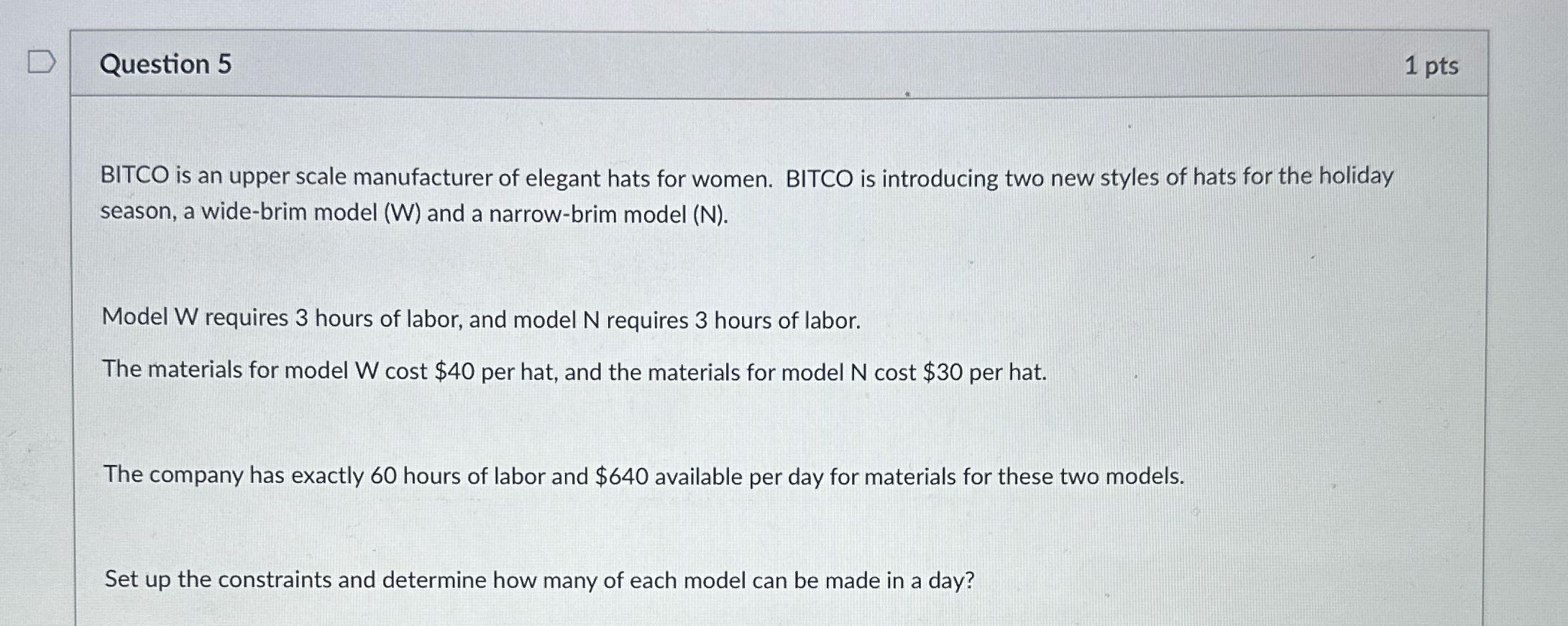 Question 5 D Question 5 1 pts BITCO is an upper