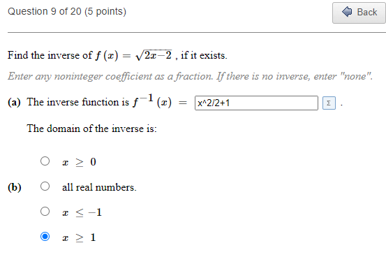 Question 9 of 20 (5 points) Back Find the inverse
