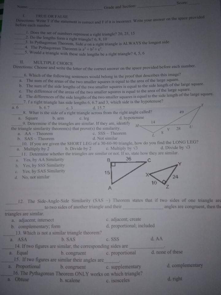 Name Grade and Section: TRUE OR FALSE Directions