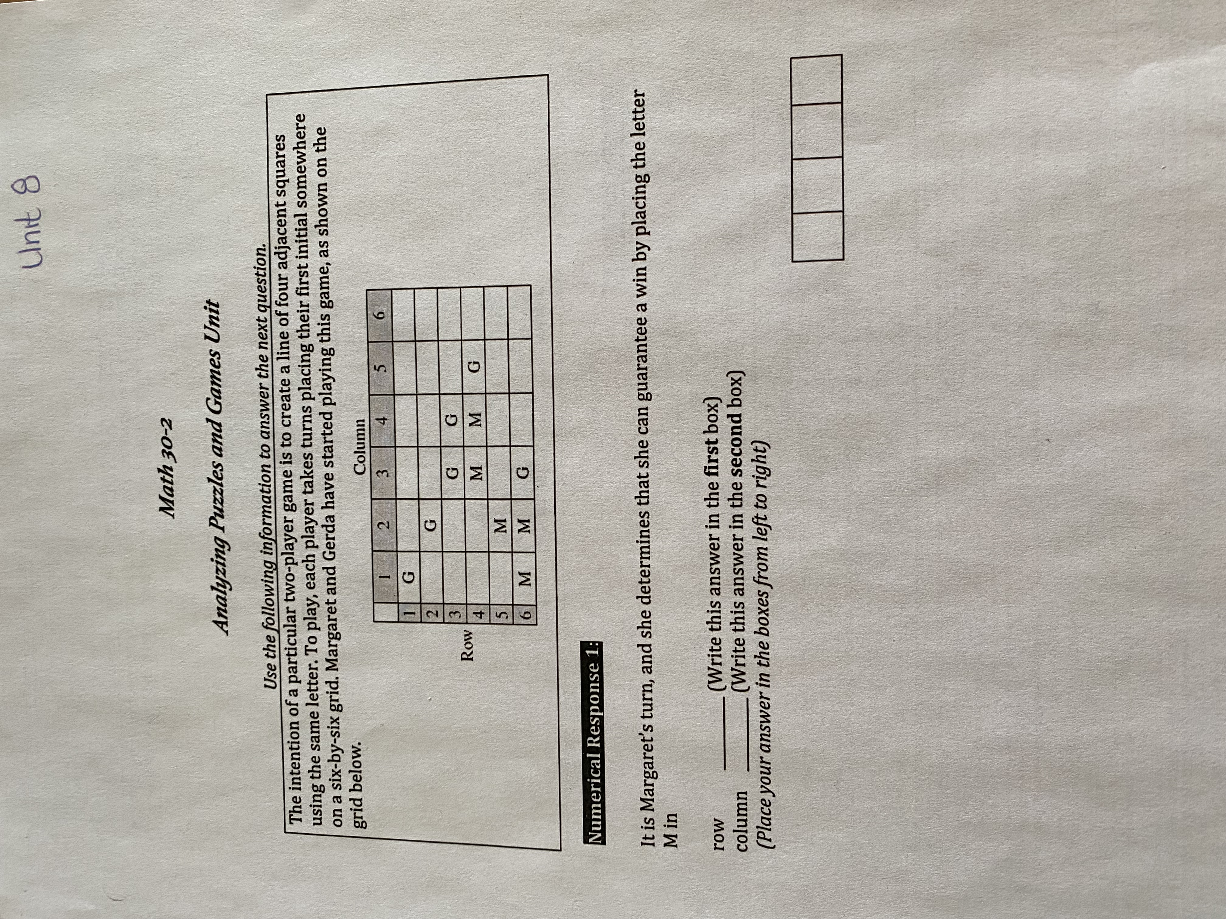 Unit 8 Math 30-2 Analyzing Puzzles and Games Unit