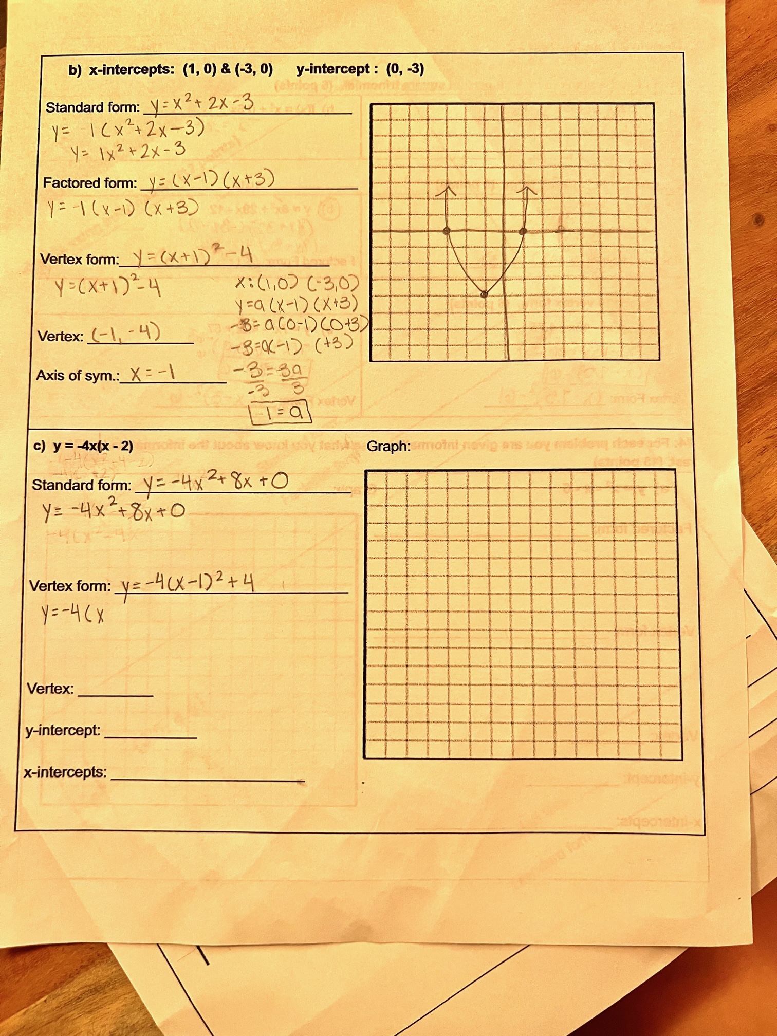 b) x-intercepts: (1, 0) & (-3, 0) y-intercept :