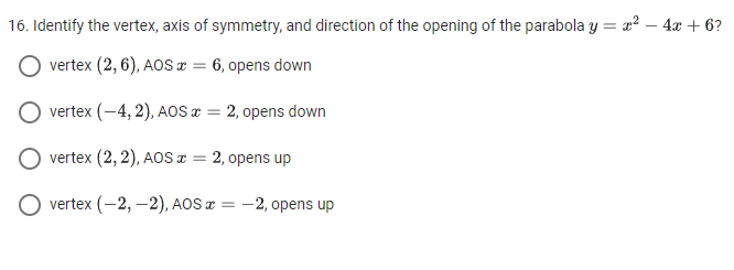 16. Identify the vertex, axis of symmetry, and