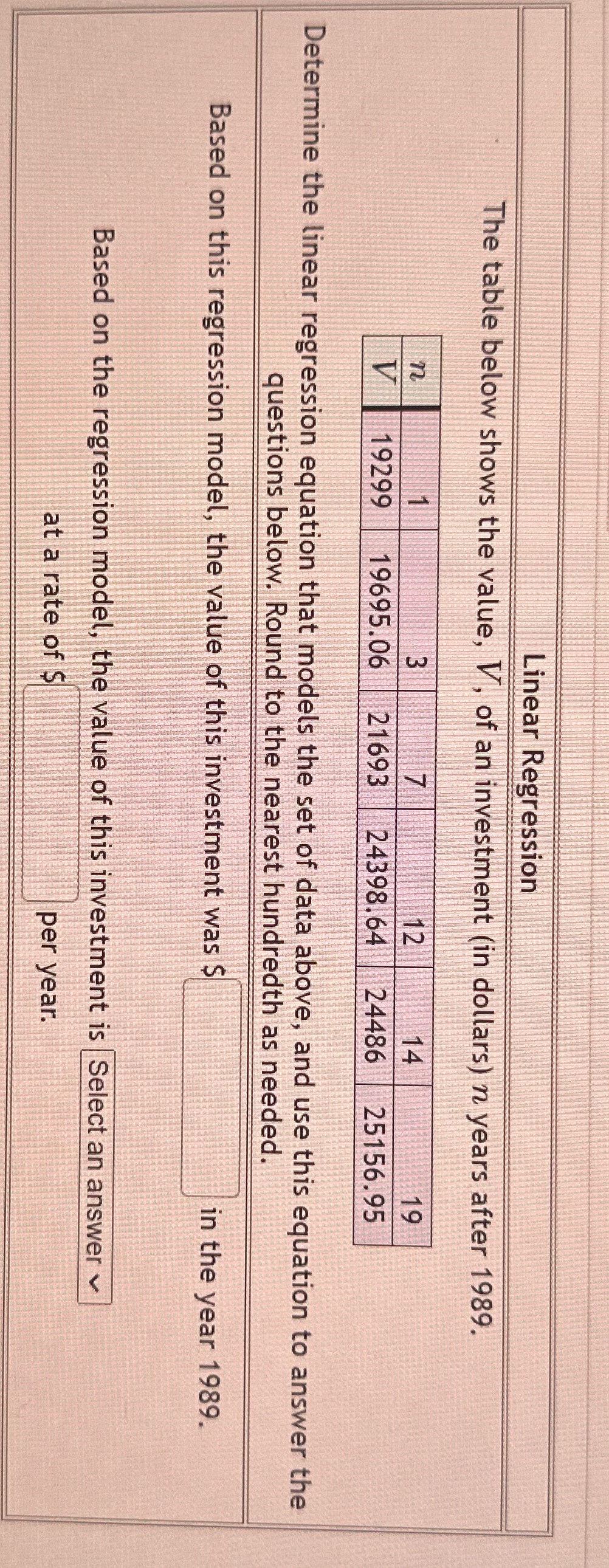 Linear Regression The table below shows the