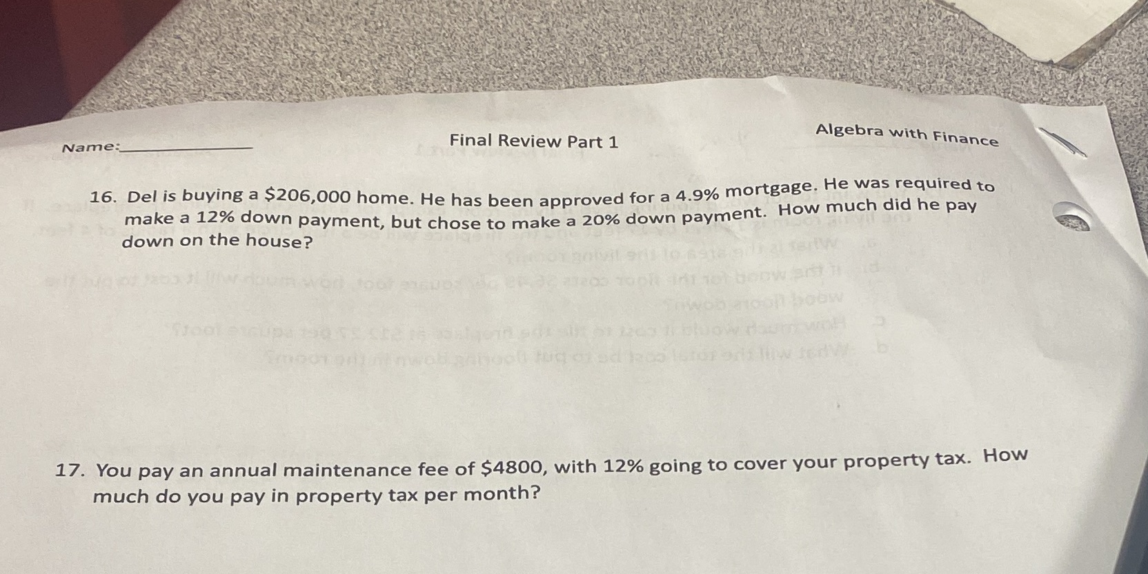 Name: Final Review Part 1 Algebra with Finance