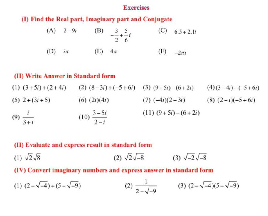 Exercises (I) Find the Real part, Imaginary part
