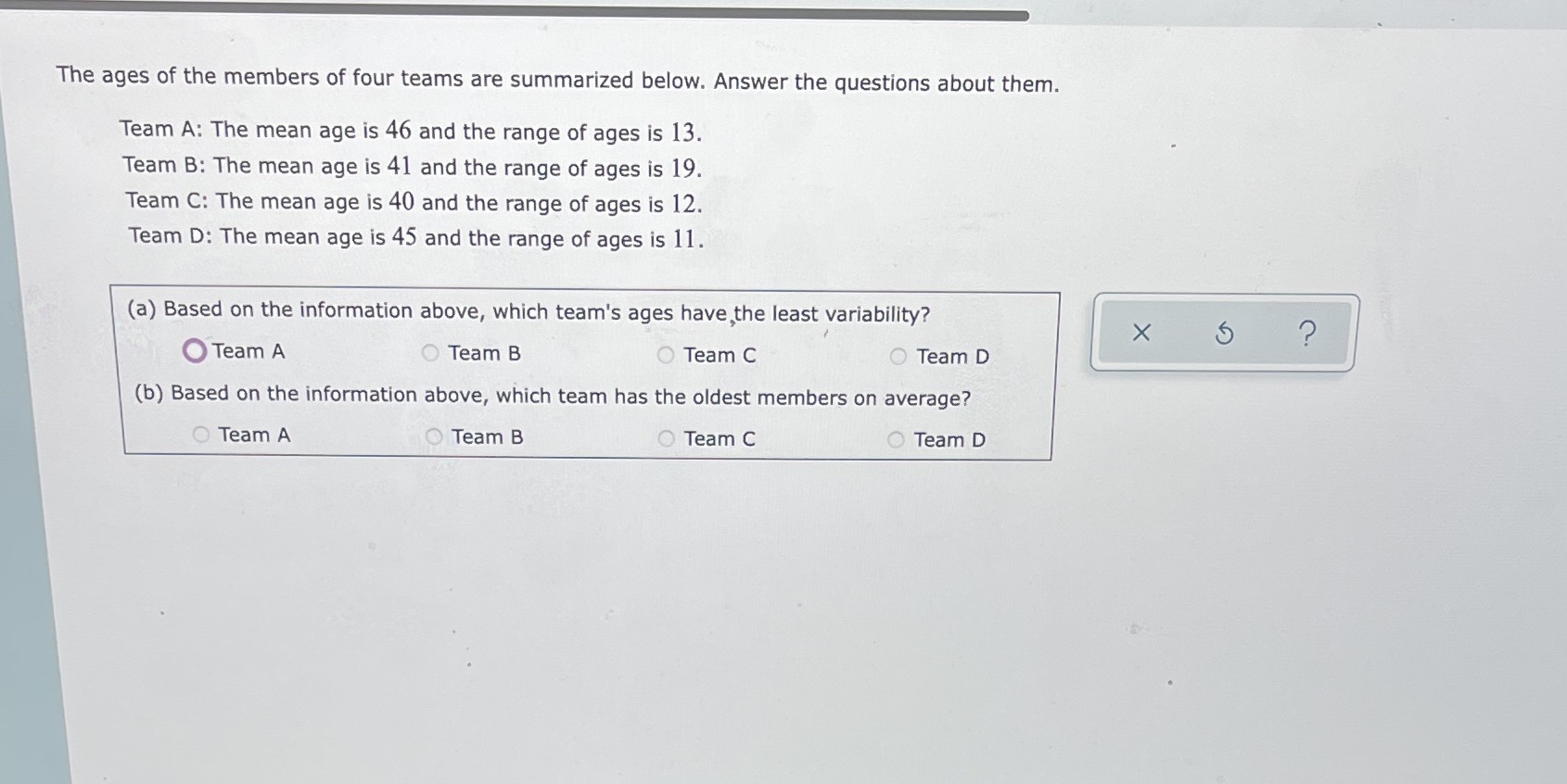 The ages of the members of four teams are