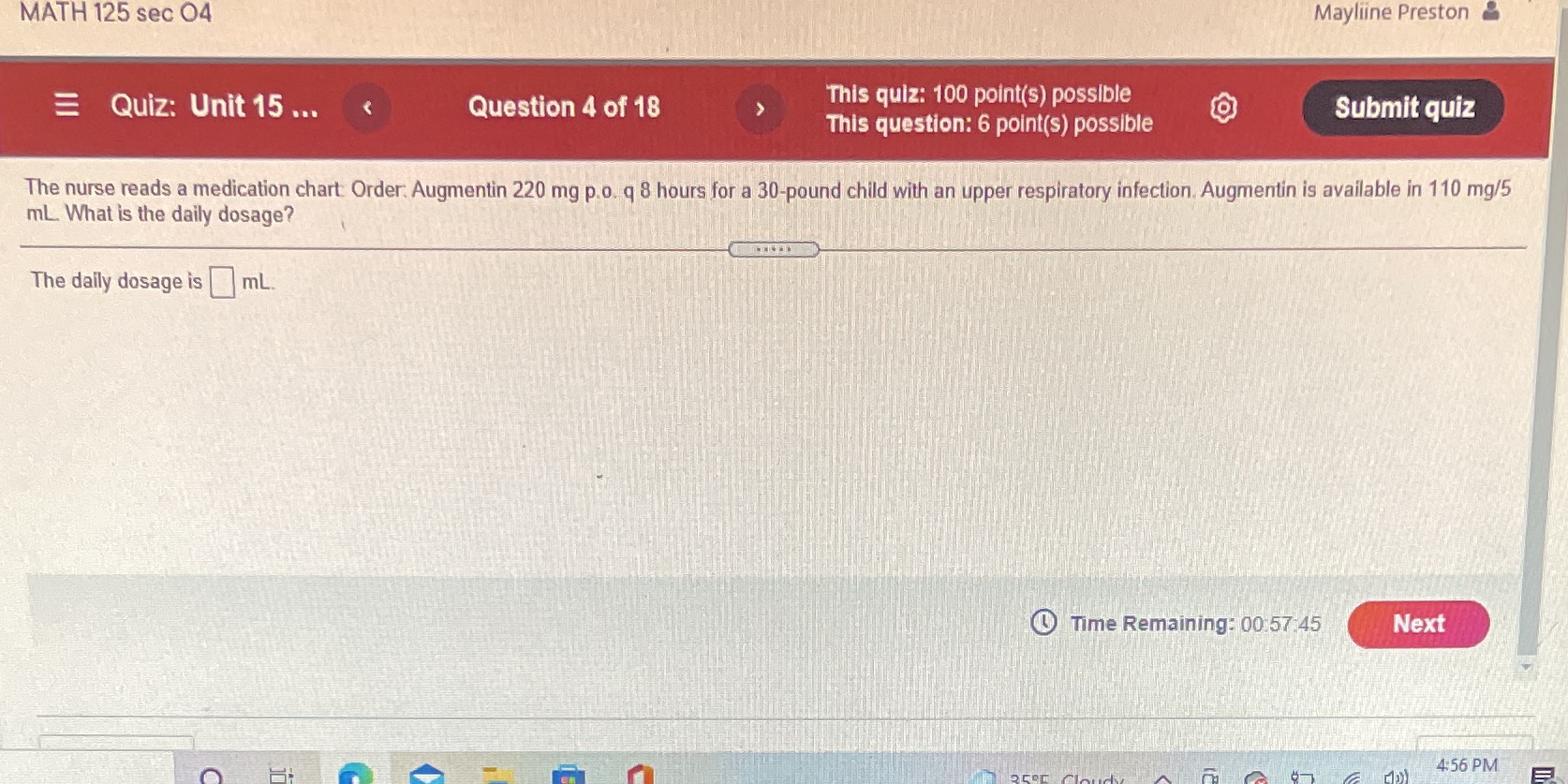 MATH 125 sec 04 Mayliine Preston Quiz: Unit 15