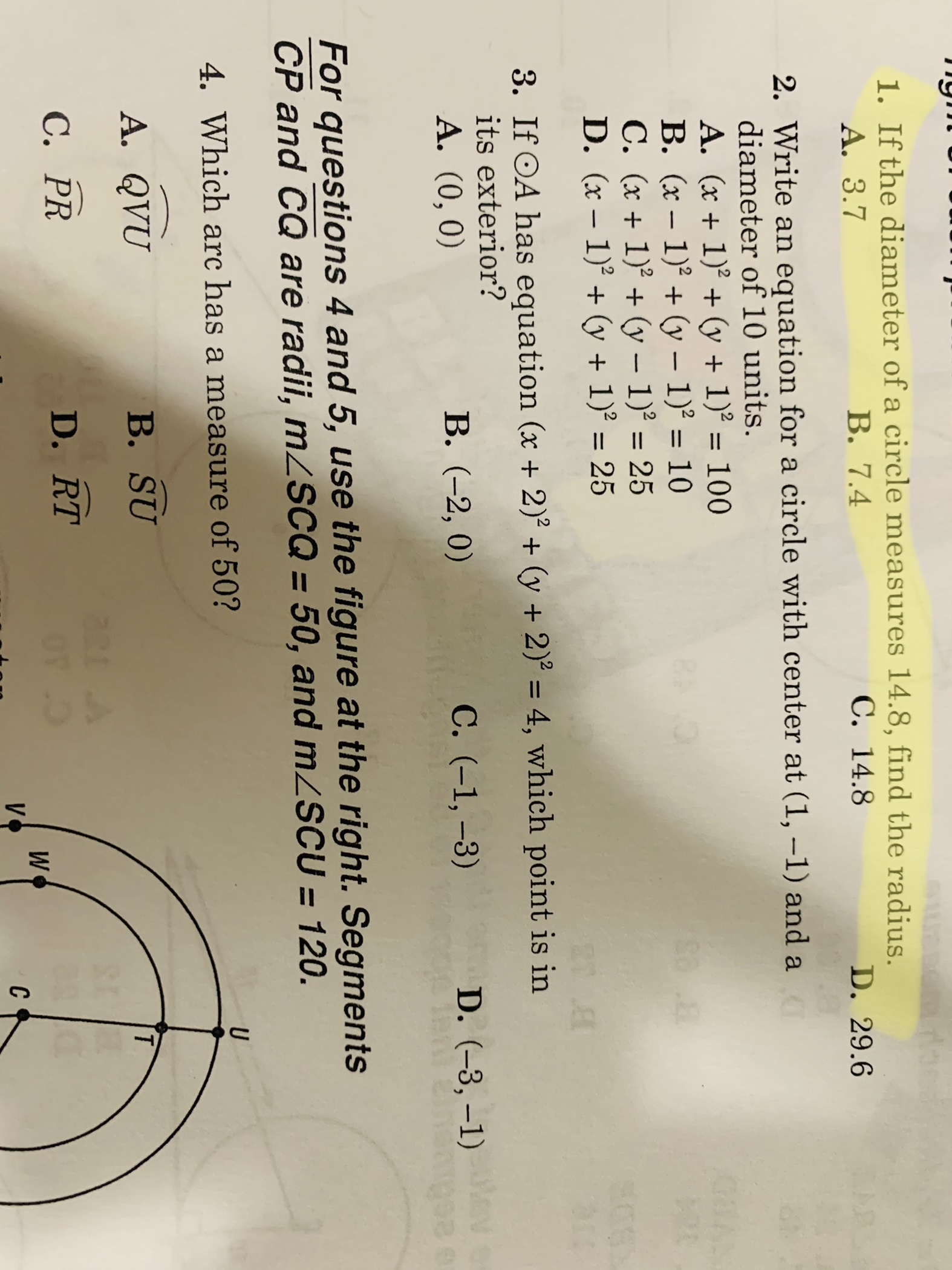 Hello, I 1. If the diameter of a circle measures