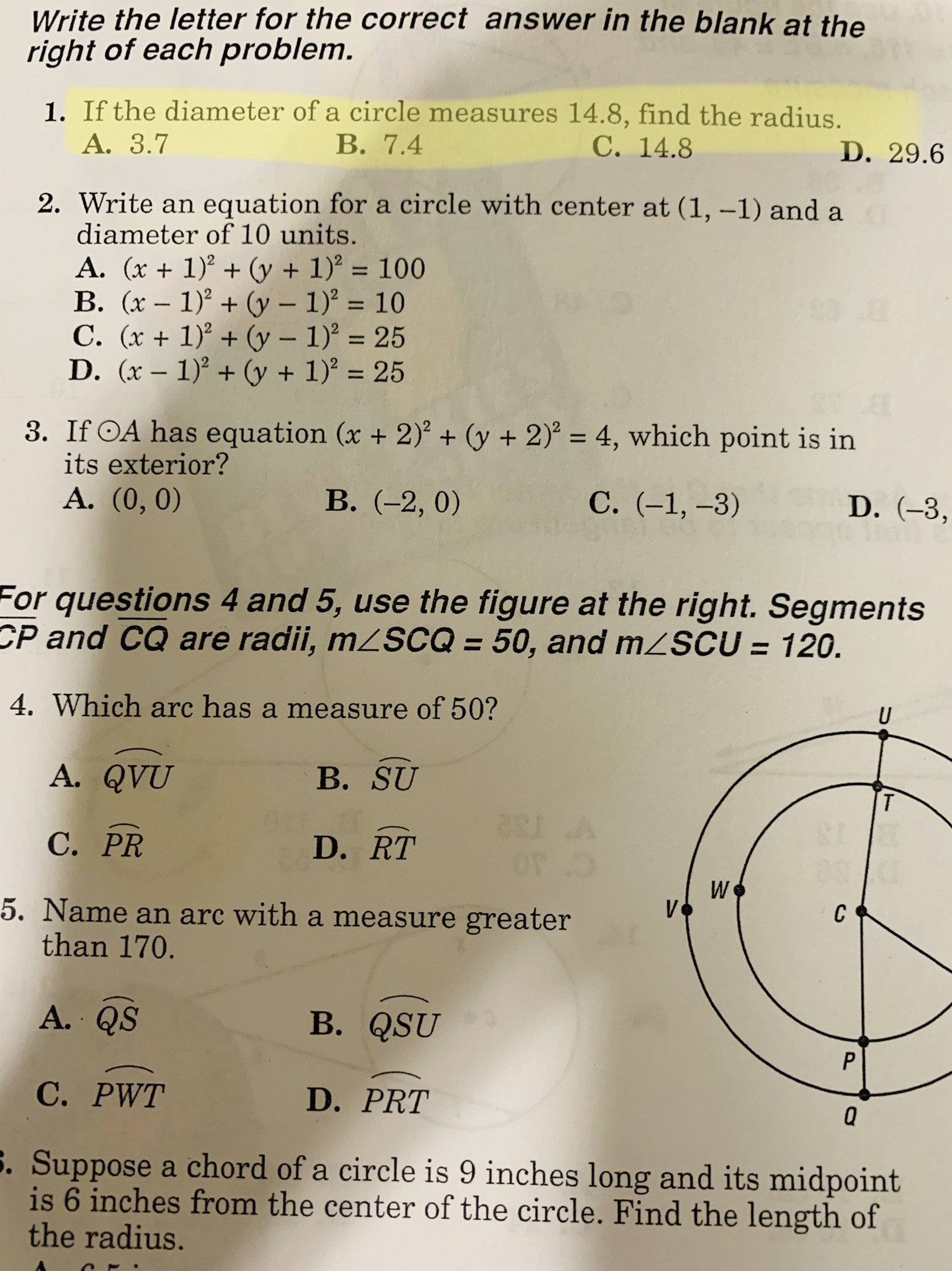 Hello, I 1. If the diameter of a circle measures
