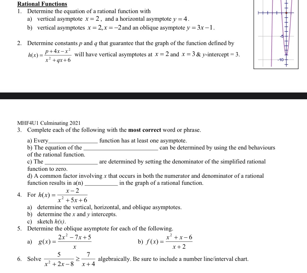 Rational Functions 1. Determine the equation of a