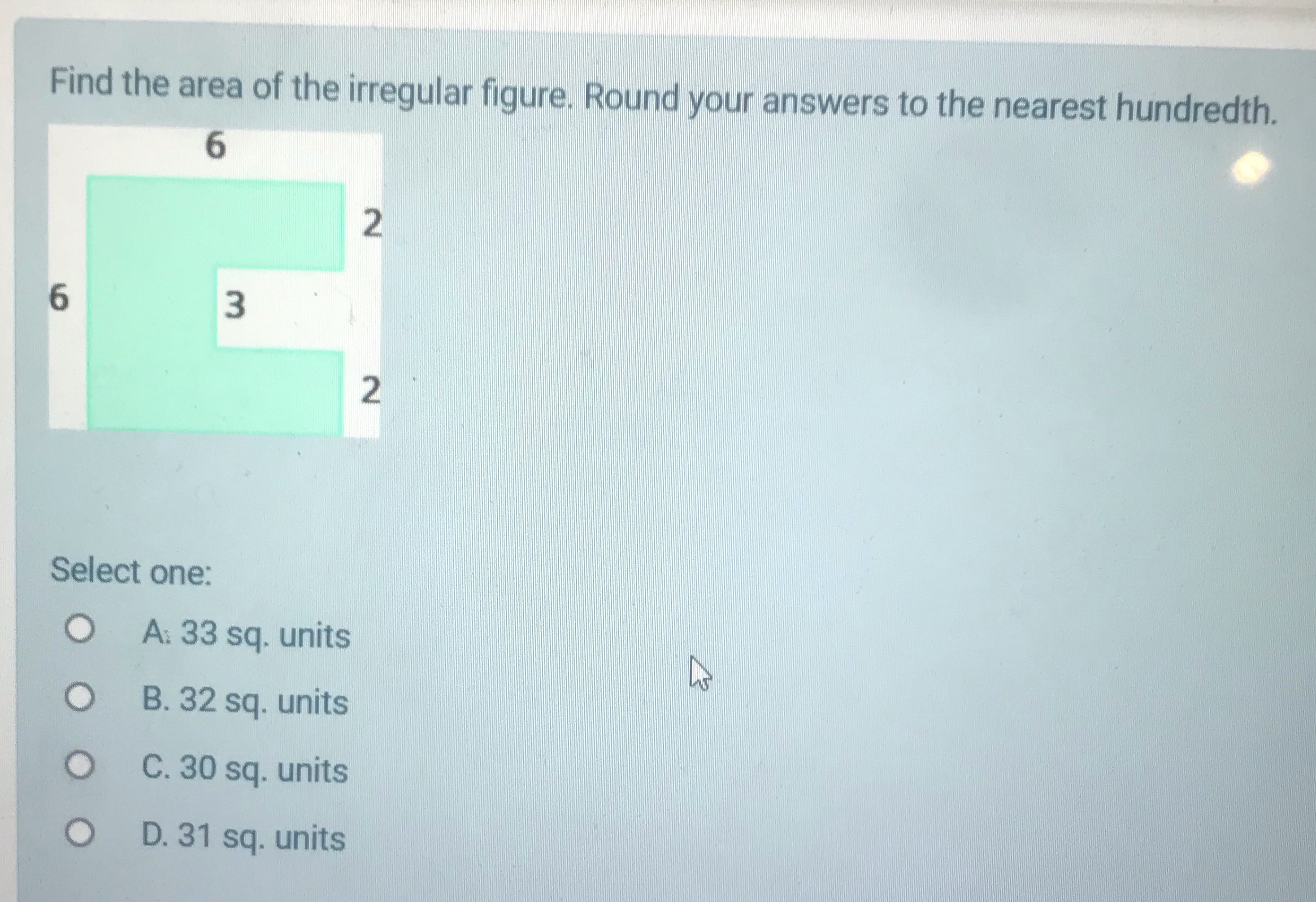 Find the area of the irregular figure. Round your