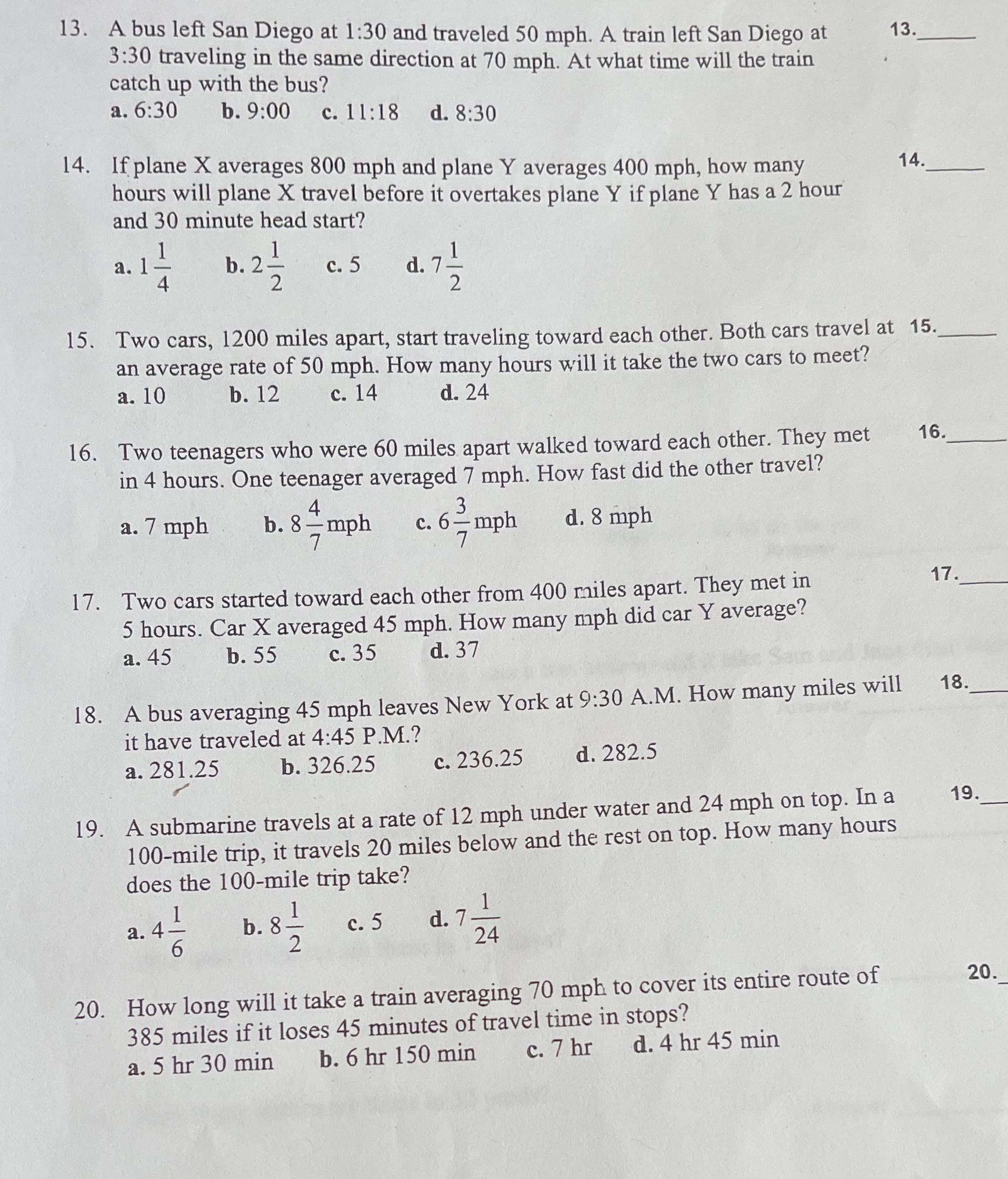 13. A bus left San Diego at 1:30 and traveled 50