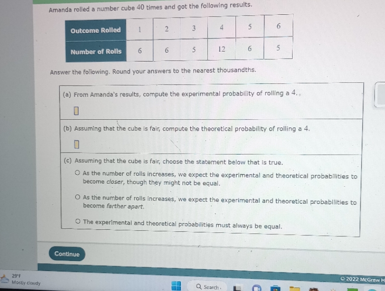 Amanda rolled a number cube 40 times and got the