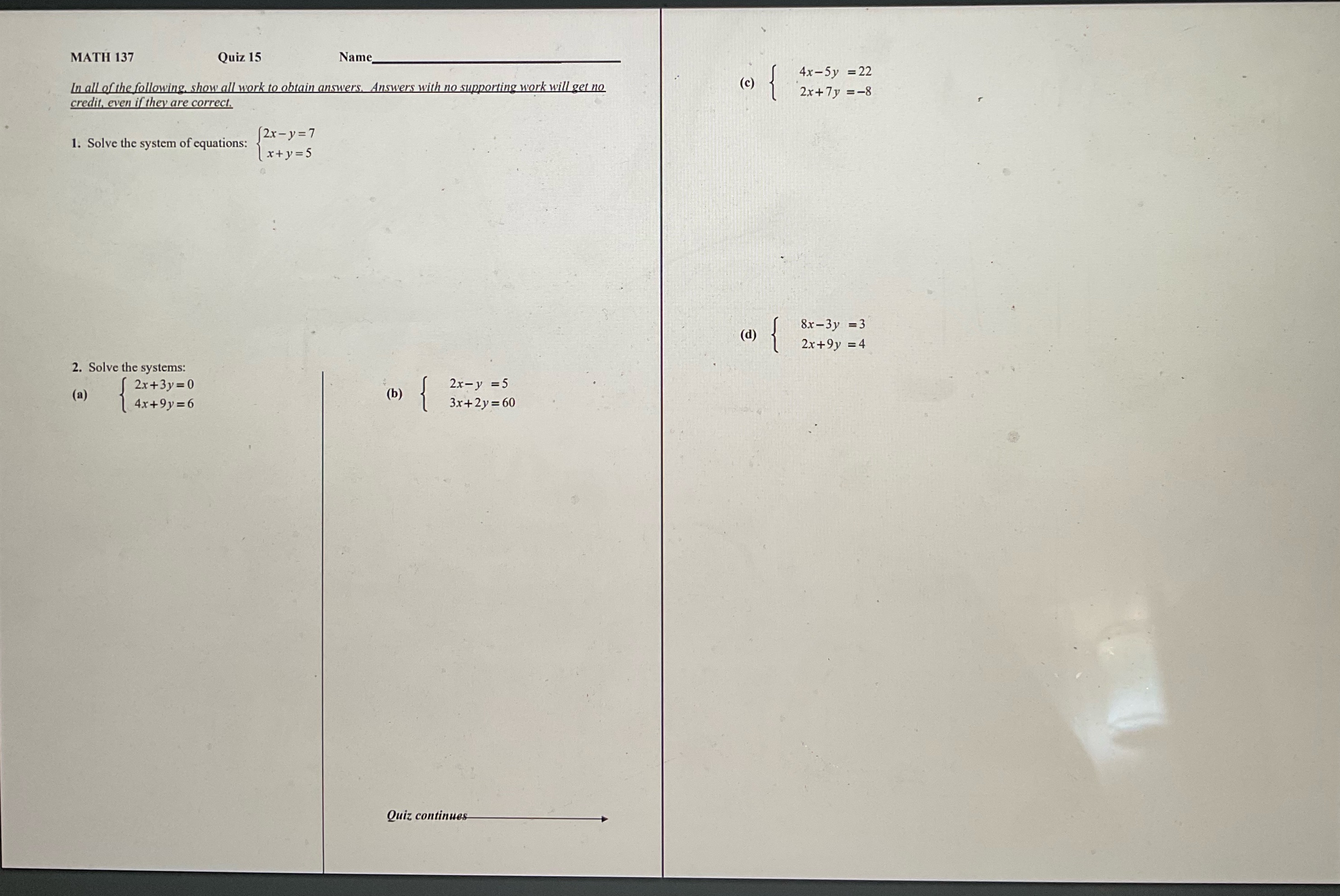 MATH 137 Quiz 15 Name 4x-5y =22 In all of the