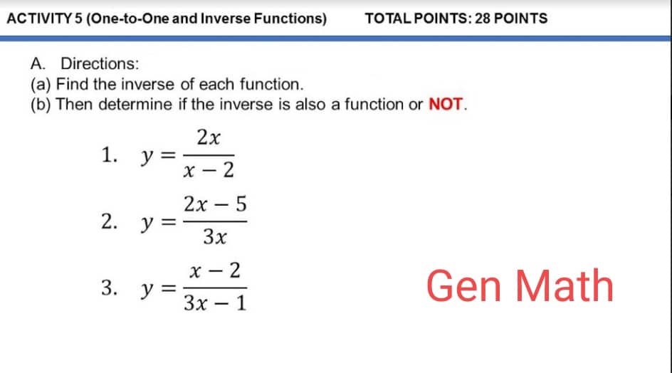 ACTIVITY 5 (One-to-One and Inverse Functions)