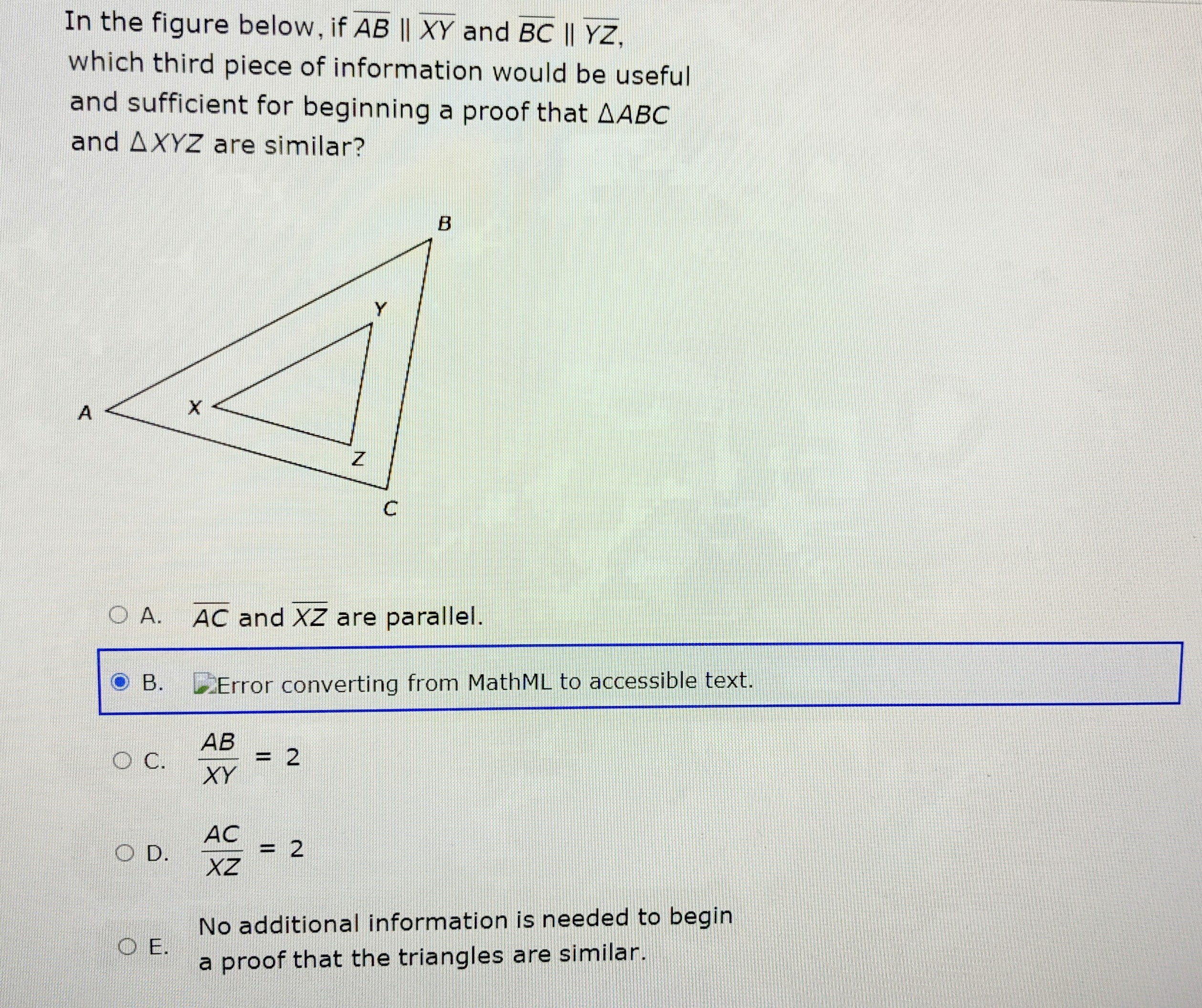 In the figure below, if AB || XY and BC || YZ,