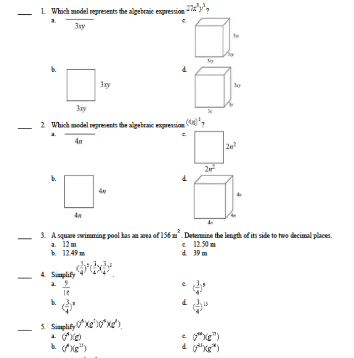 MC 1. Which model represents the algebraic