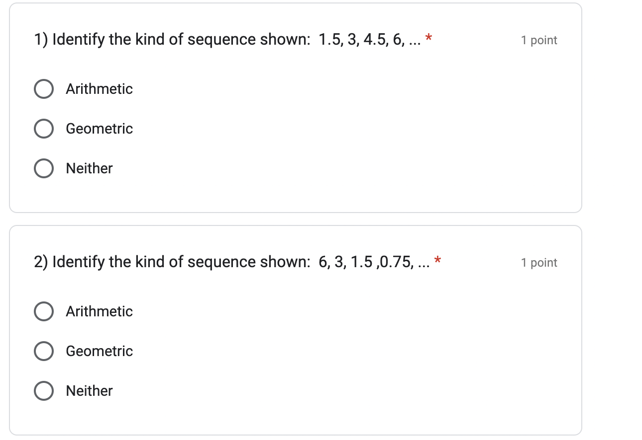 1) Identify the kind of sequence shown: 1.5, 3,