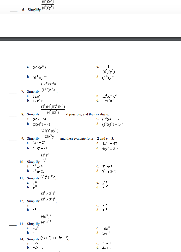 MC 1. Which model represents the algebraic