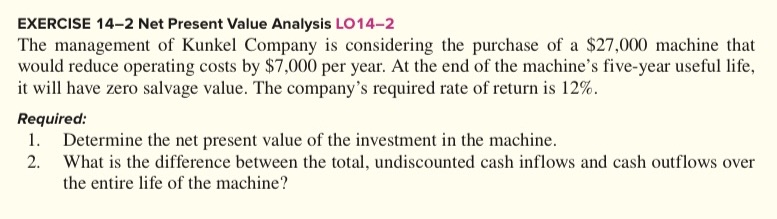 EXERCISE 14-2 Net Present Value Analysis LO14-2