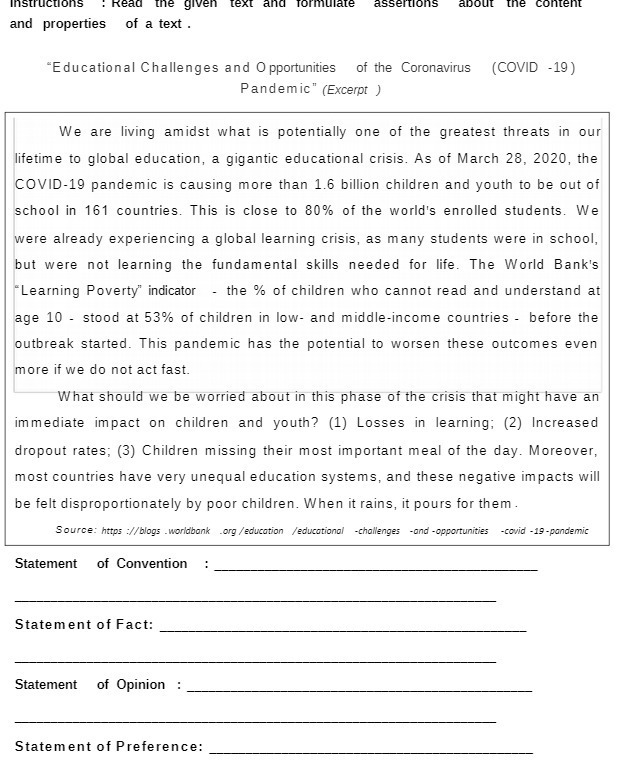 Inst assen ions abou and properties of a text .