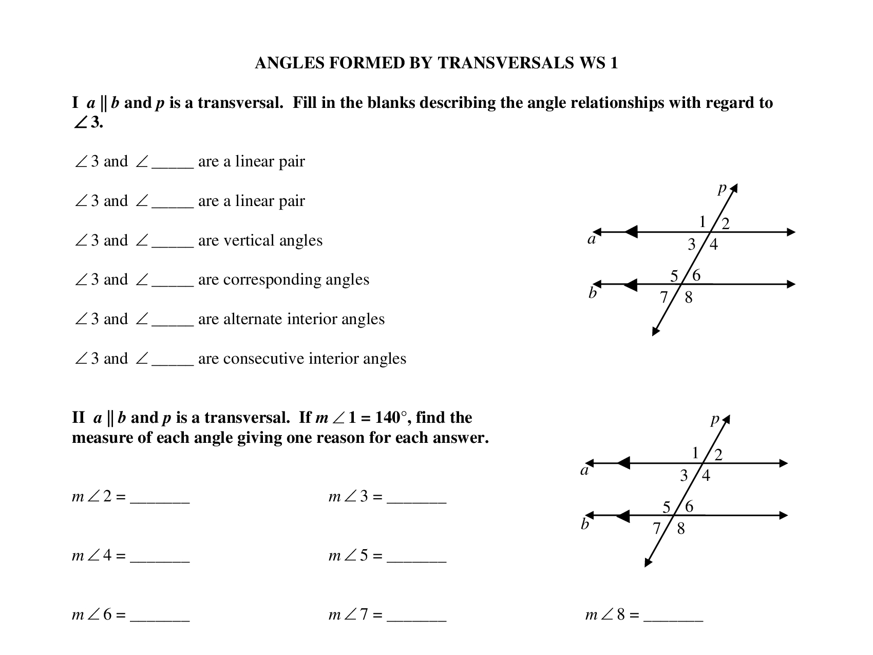 ANGLES FORMED BY TRANSVERSALS WS 1 I a | b and p