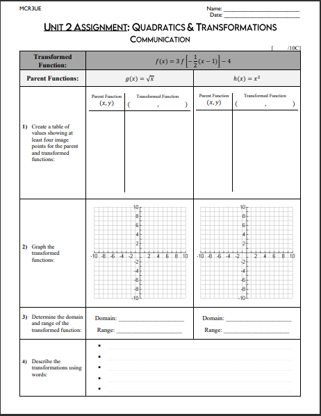 MORQUE Name: Date UNIT 2 ASSIGNMENT: QUADRATICS &
