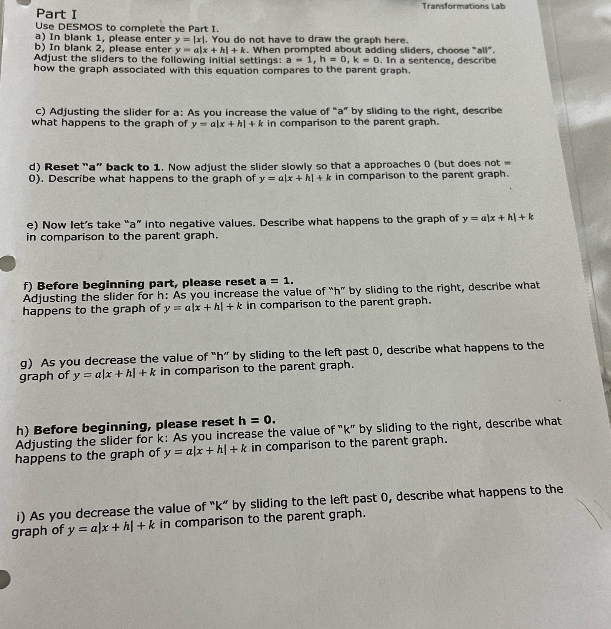 I need answer for f ,g ,h ,i please Part I