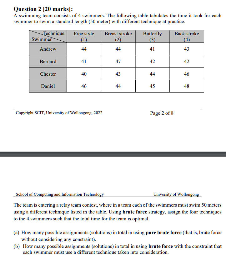 Question 2 [20 marks]: A swimming team consists