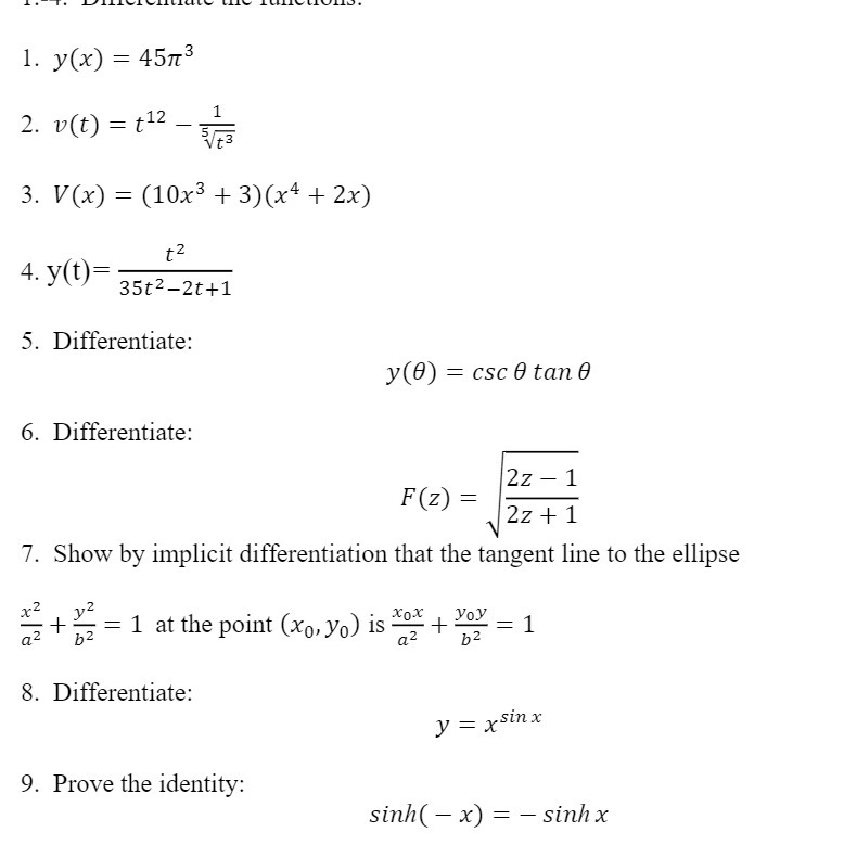 1. y(x) = 4513 2. v(t) = +12 _ 3. V(x) = (10x3 +
