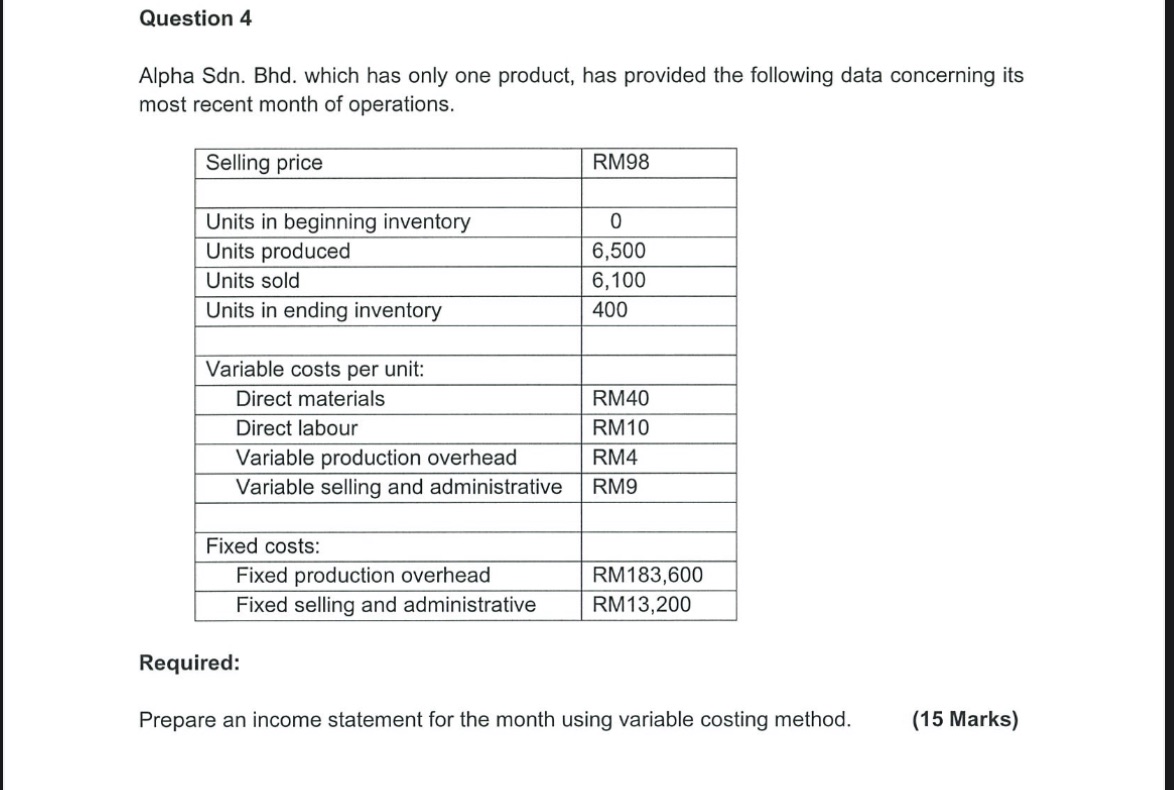 Question 4 Alpha Sdn. Bhd. which has only one