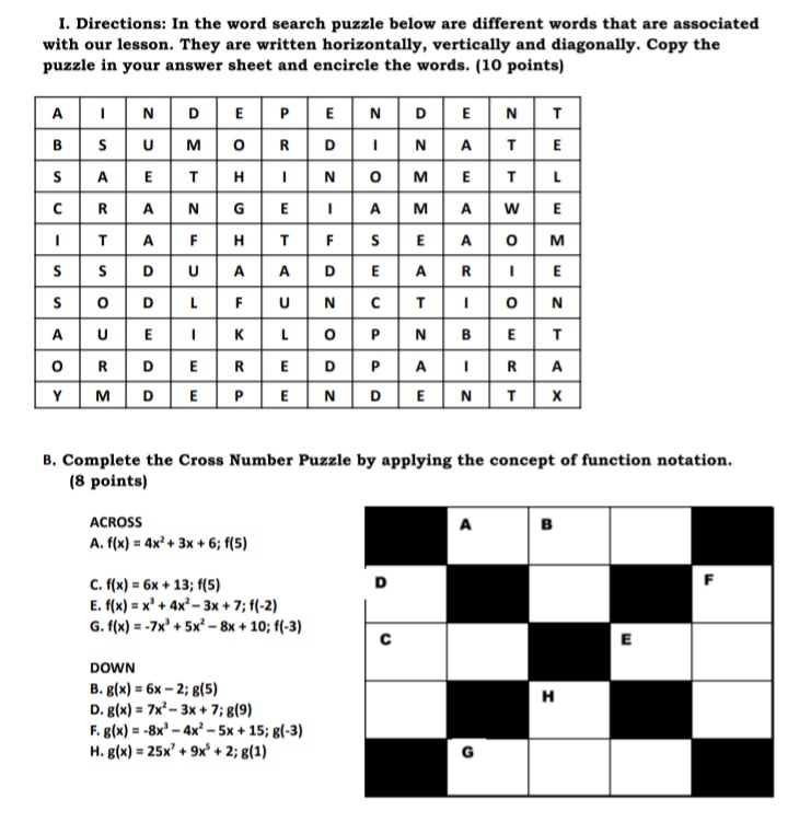 I. Directions: In the word search puzzle below