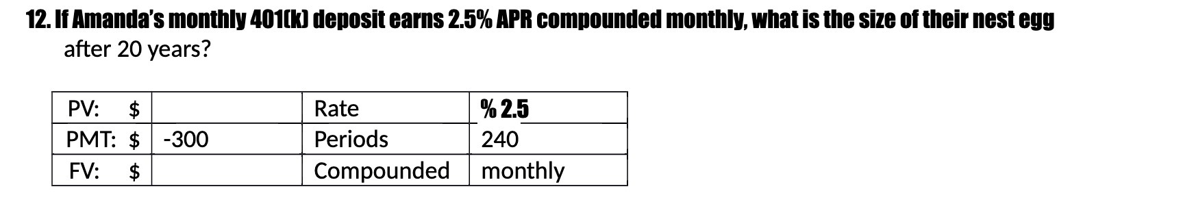12. If Amanda's monthly 401(k) deposit earns
