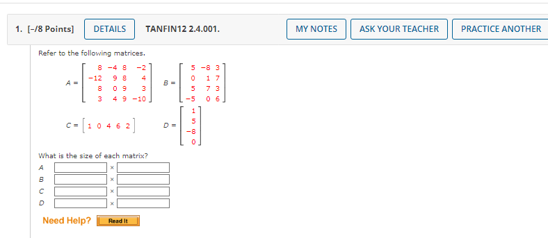 1. [-/8 Points] DETAILS TANFIN12 2.4.001. MY