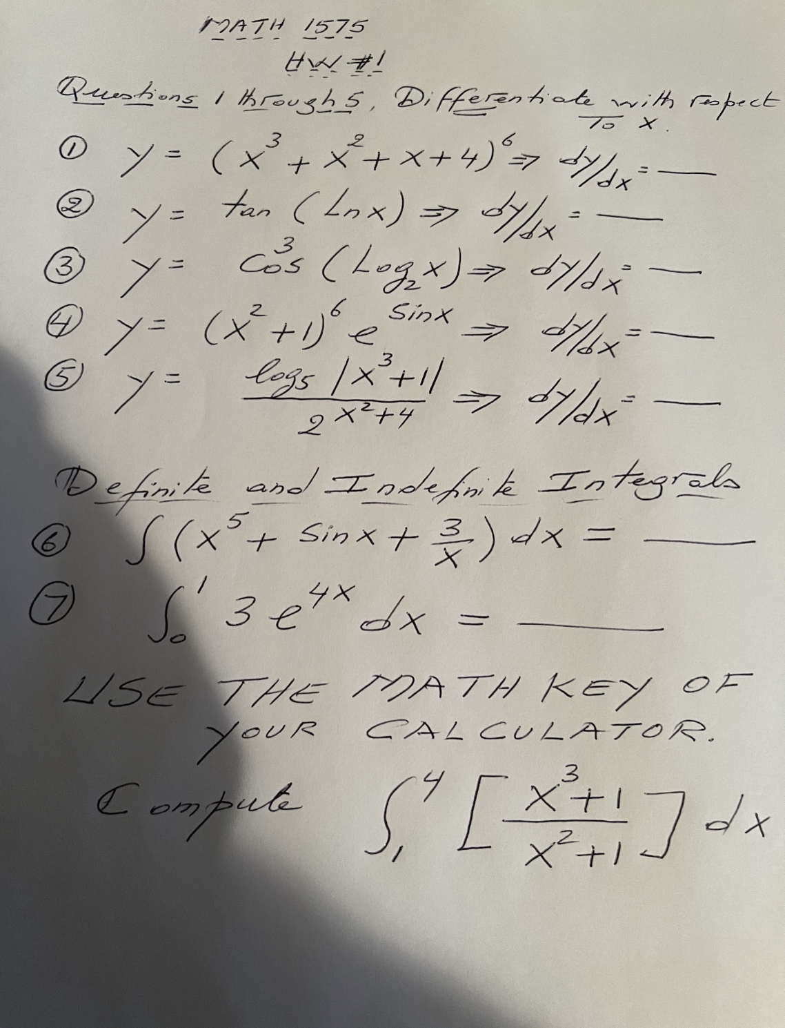 MATH 1575 Questions I through 5, Differentiate