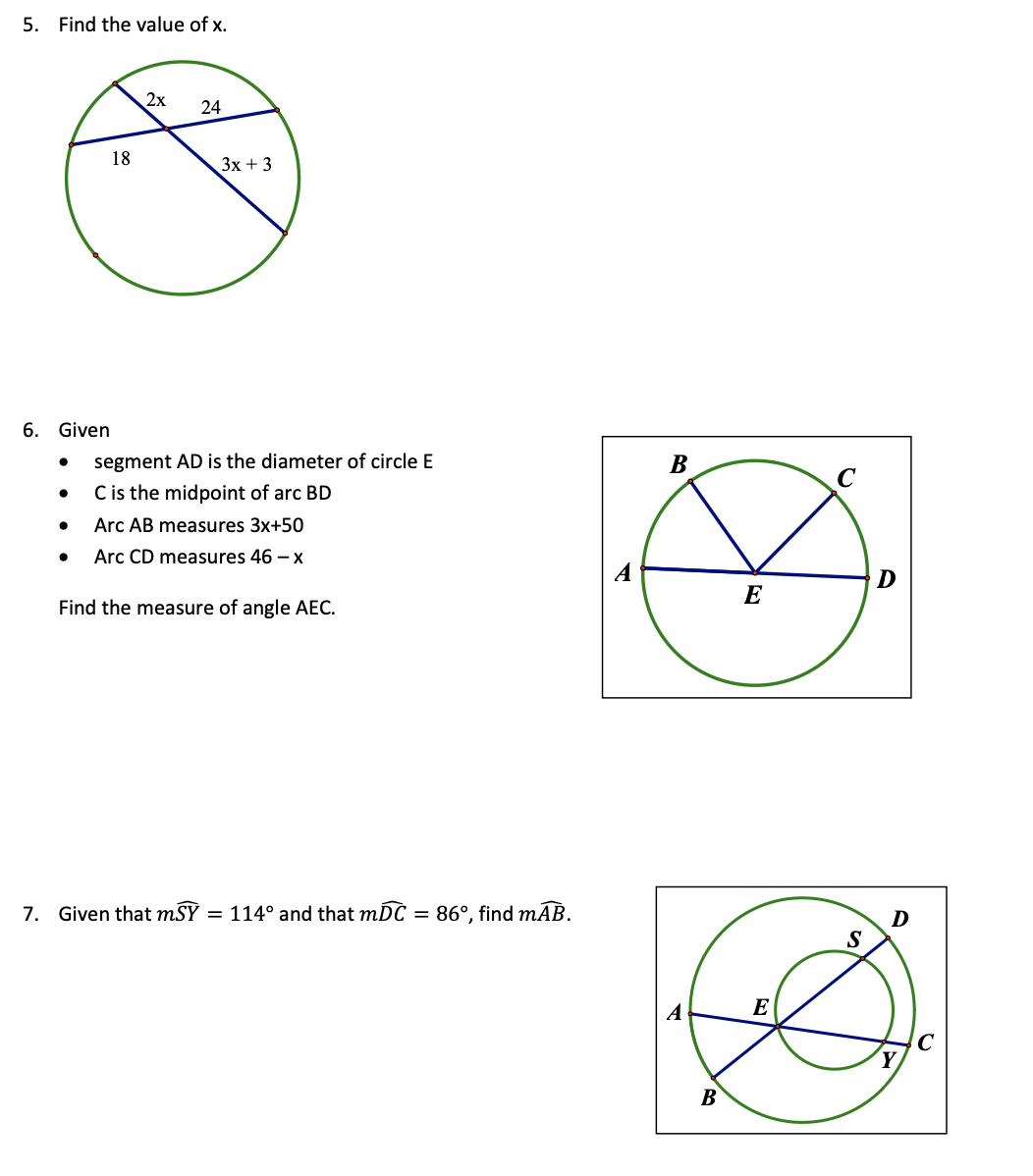 1. CH is a tangent, mFB = 105, mEF = 47, CE = FB