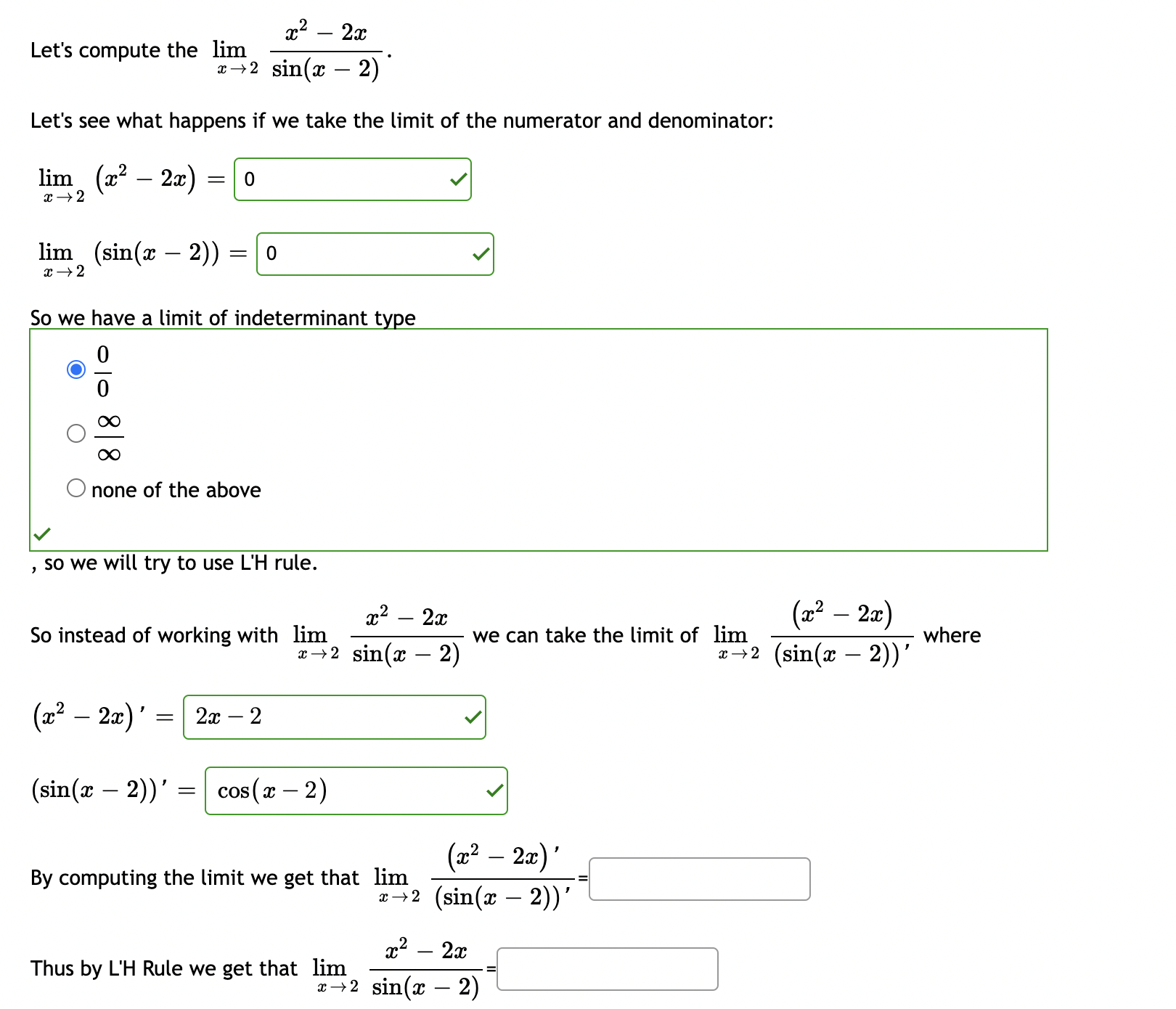 2 - 2x Let's compute the lim x-2 sin (x - 2)