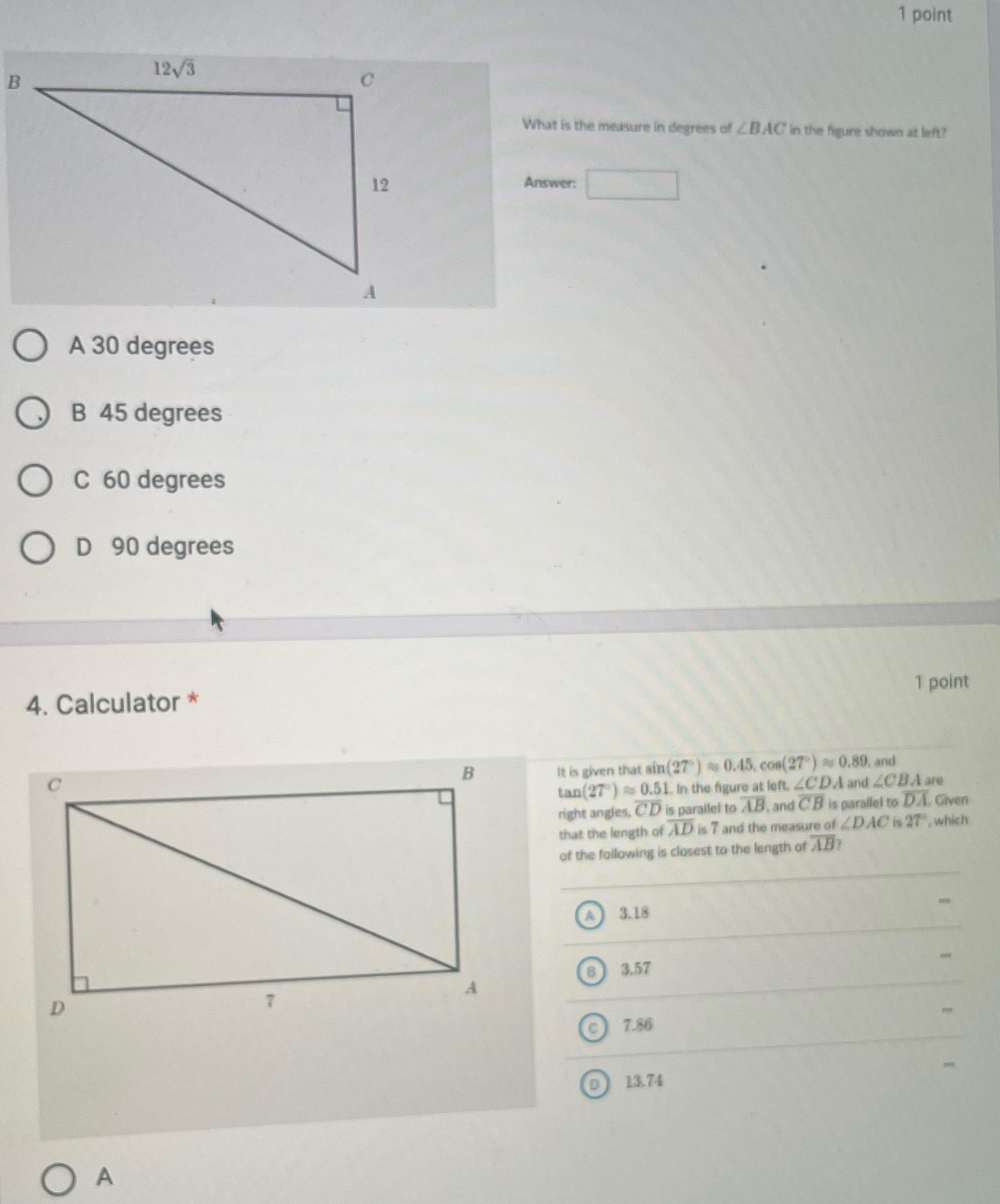1 point B 12V/3 What is the measure in degrees of