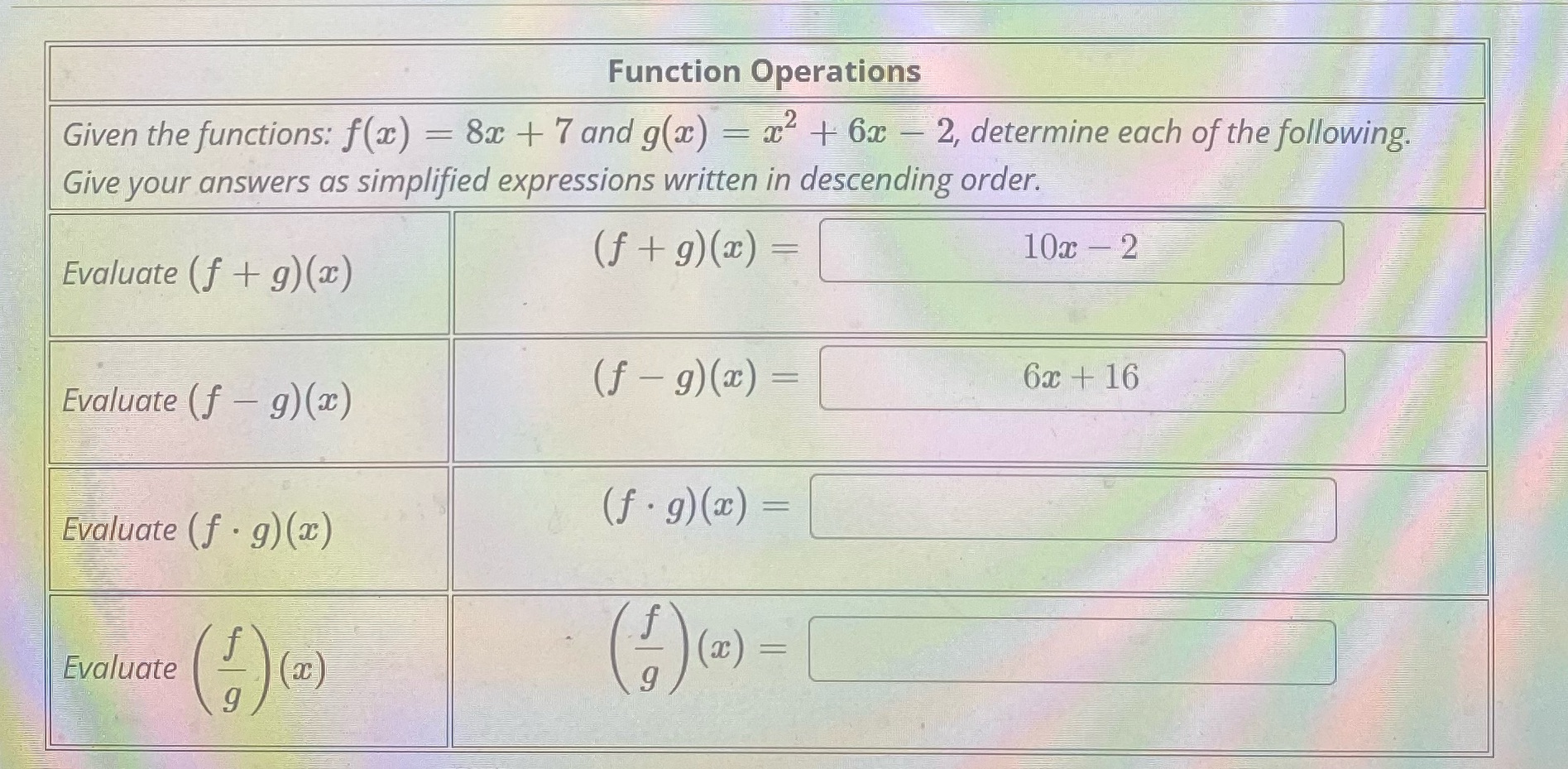 Function Operations Given the functions: f(x) =