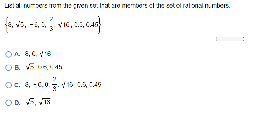 List all numbers from the given set that are