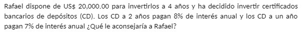 Rafael dispone de US$ 20,000.00 para invertirlos