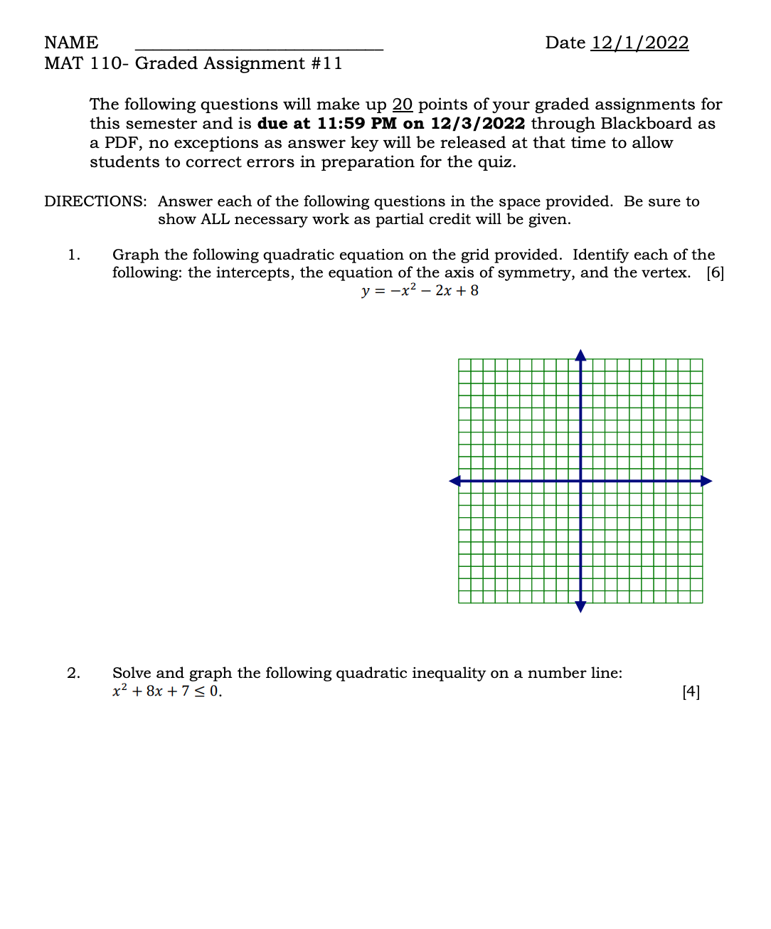 NAME Date 12(12022 MAT 1 10- Graded Assignment #1