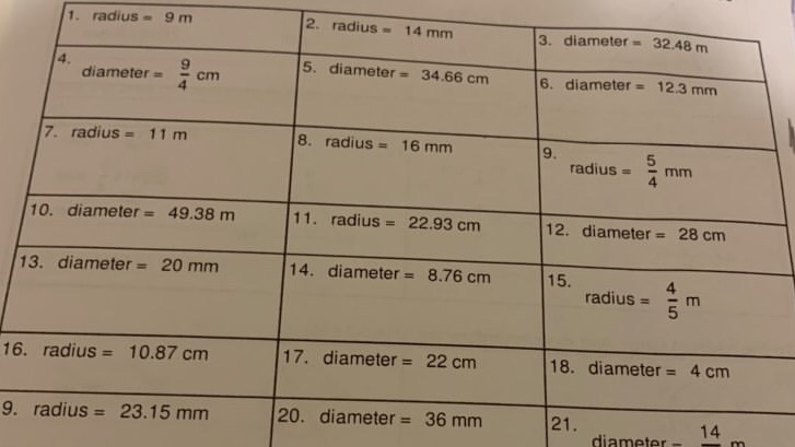 1. radius = 9 m 2. radius = 14 mm 3. diameter =