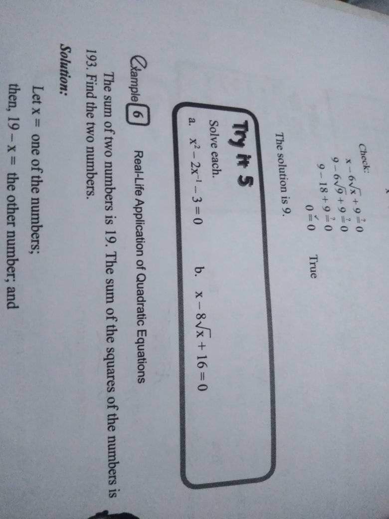 Check: x - 6Vx +9=0 9-69+9-0 9 - 18+9-0 0=0 True
