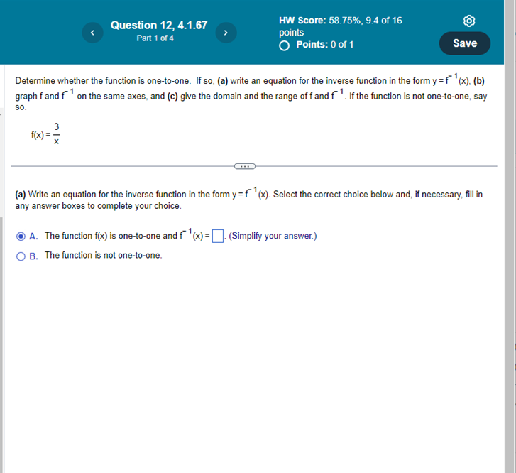A) Write the Equation for the inverse function B)