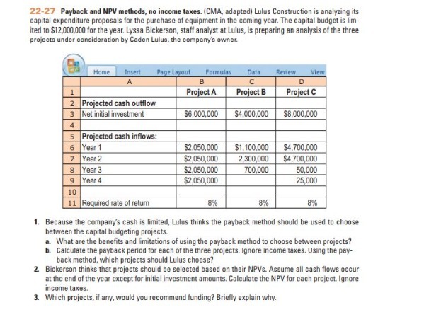 22-27 Payback and NPV methods, no income taxes.