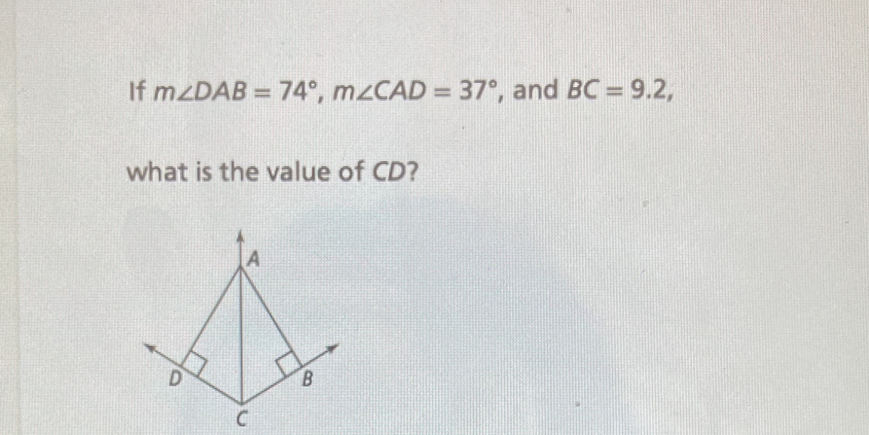 If mzDAB = 74, mzCAD = 37, and BC - 9.2, what is